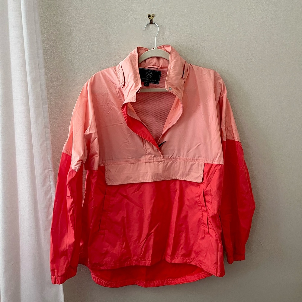 Coral color block hooded anorak / rain jacket